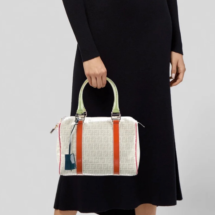 Fendi Ivory Monogram Satchel With Orange Straps And Pale Green Handles